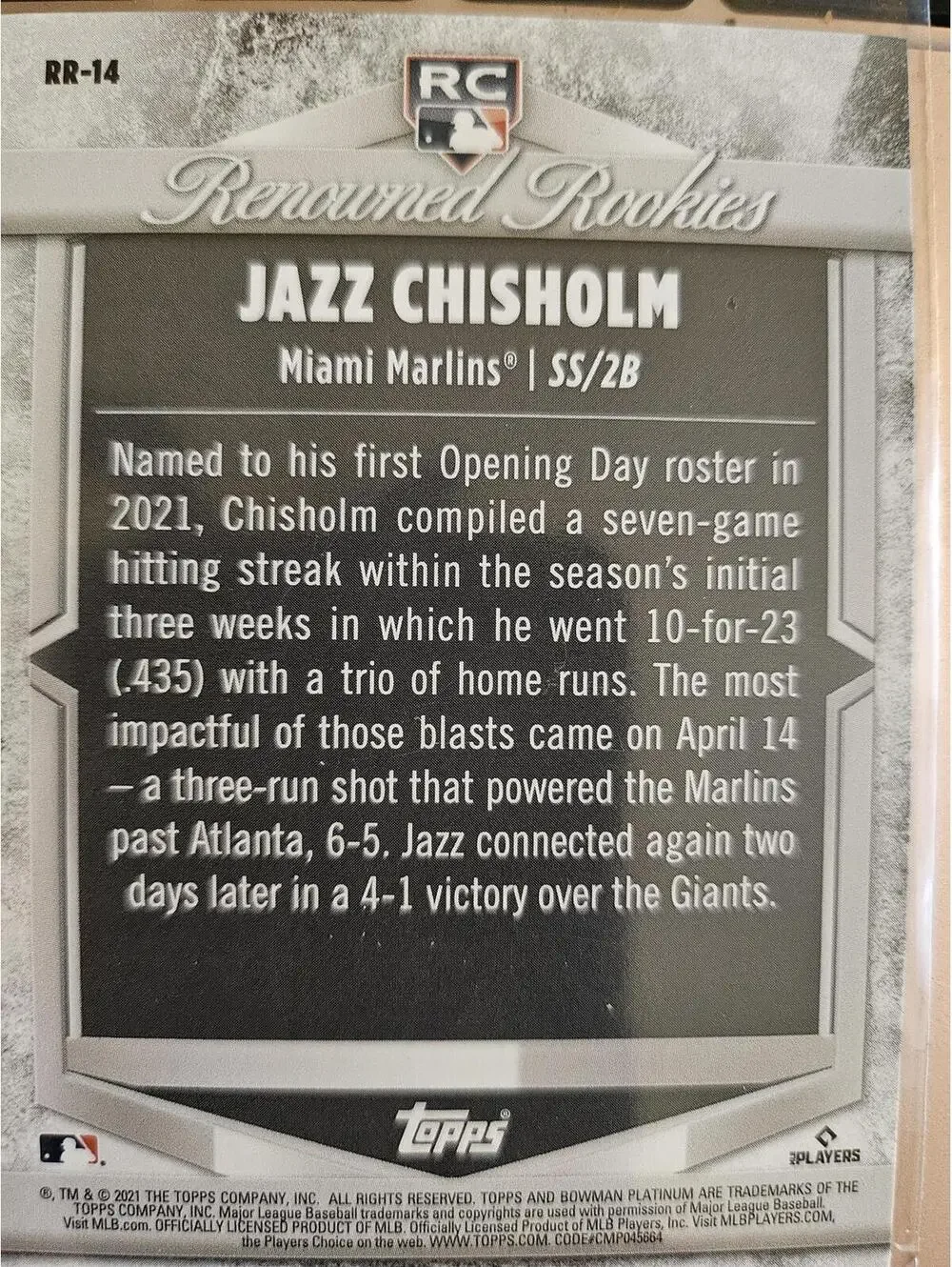 Jazz Chisholm (RC) 2021 Bowman Renowned Rookies #RR-14 - Marlins - RAW Mint
